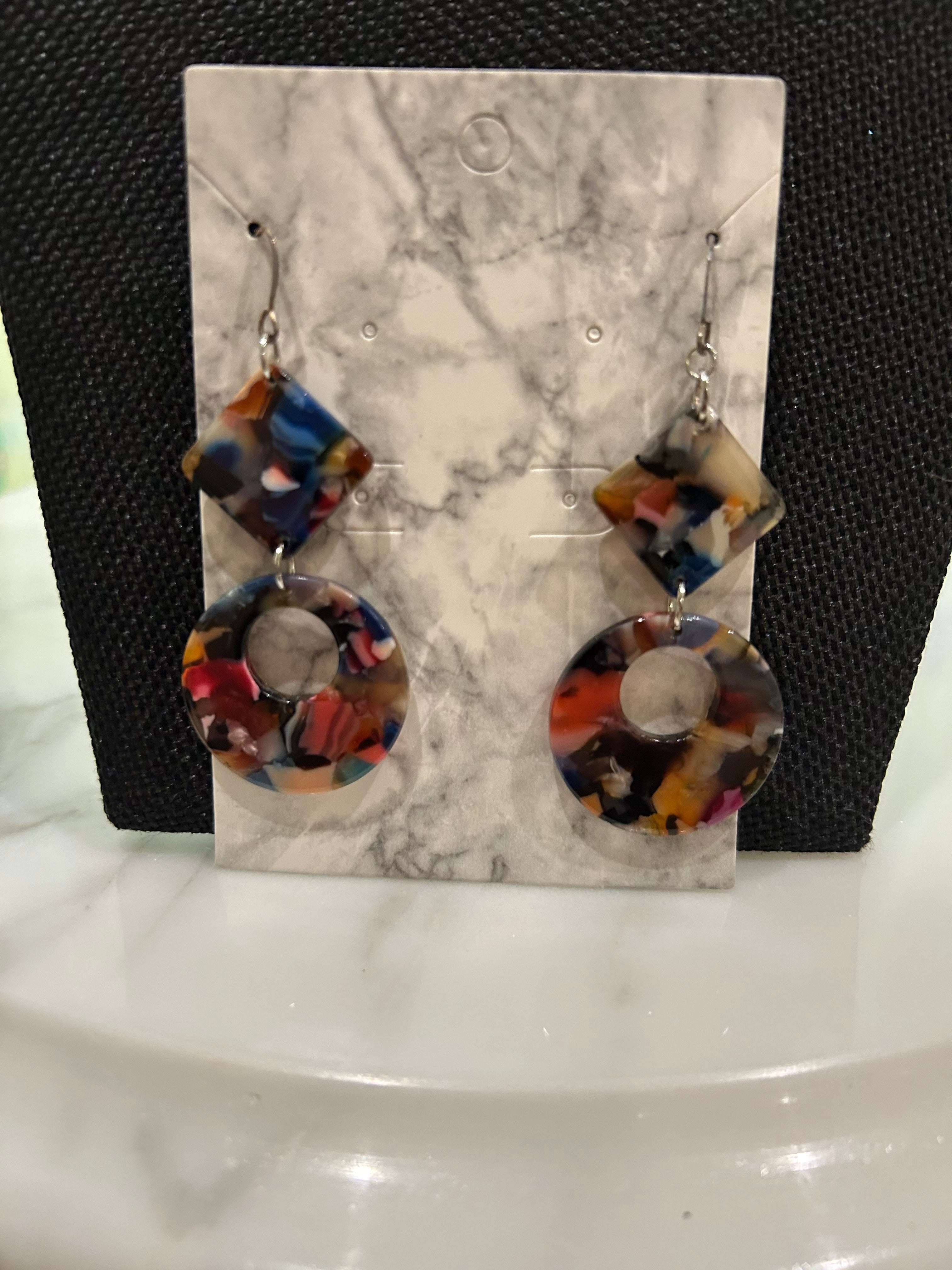 Handmade multicolor acetate dangle earrings with square top and circle drop by Soulful Designs