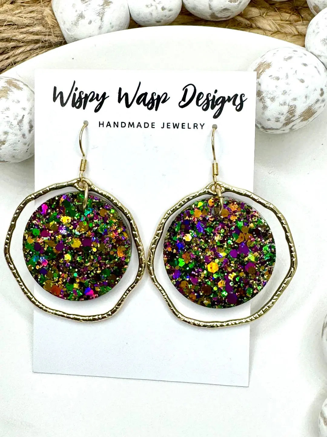 Mardi Gras Hoop Earrings: Gold Frame, Glitter Dangles. Handmade by Wispy Wasp Designs. Festive Lightweight Earrings