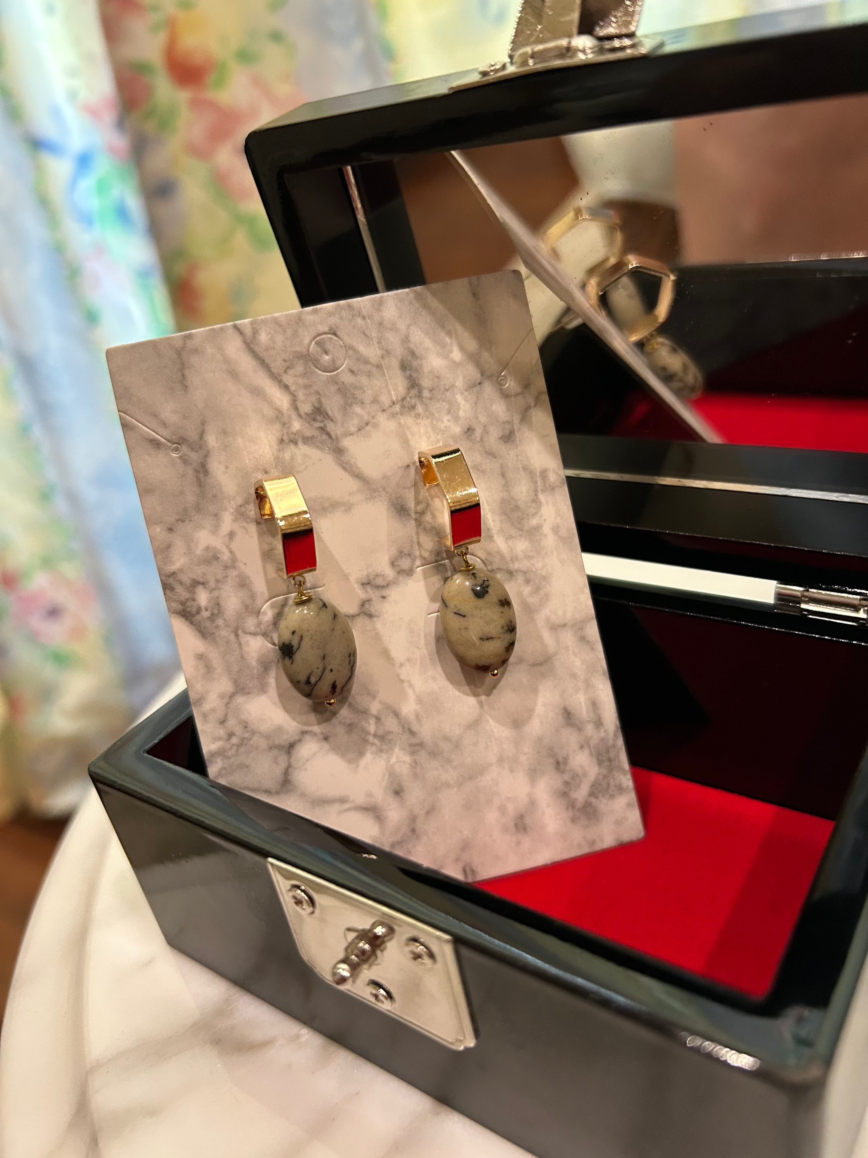 Handmade earrings with gold hexagon studs and Picasso Jasper oval drops by Soulful Designs