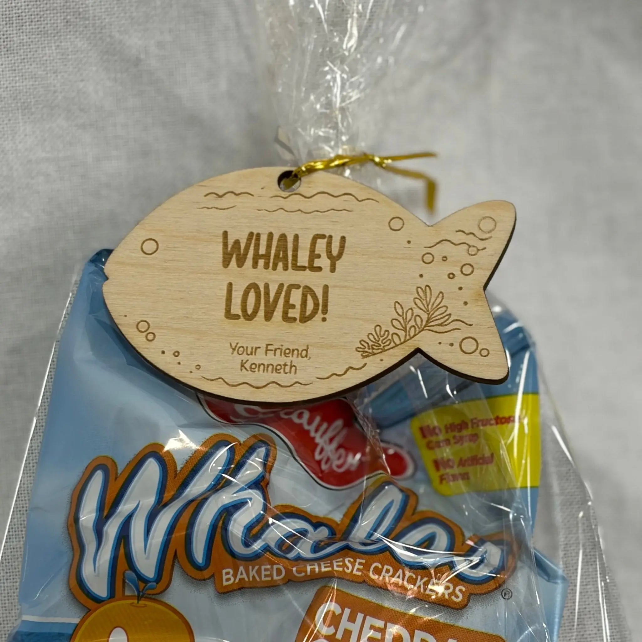 Whaley Loved Valentines Gift: Whales Crackers, Wooden Fish Tag Personalized for Classroom Favors from Kenneth!