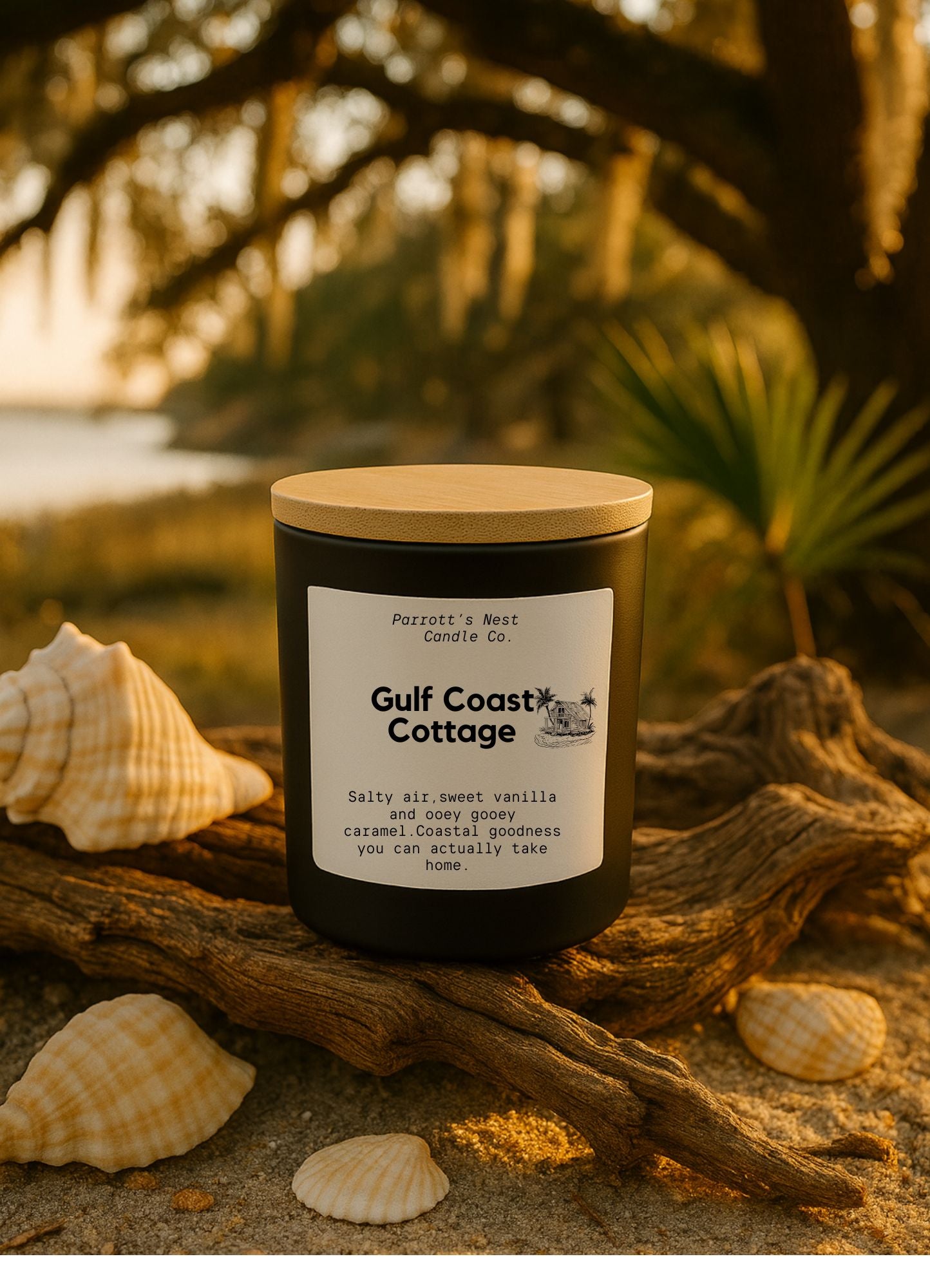 Parrott's Nest Gulf Coast Cottage Candle: Coastal soy candle with sweet vanilla and caramel scent, perfect home fragrance.