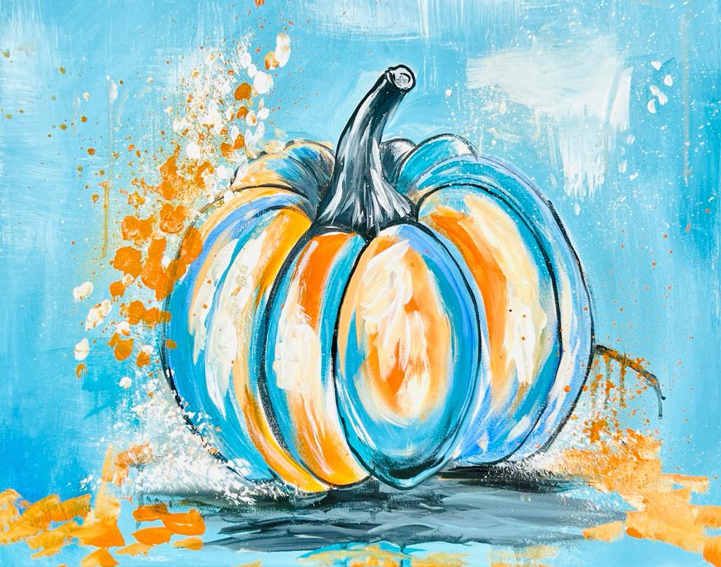 Blue and orange pumpkin painting on canvas. Fall art. Main Street Collective.