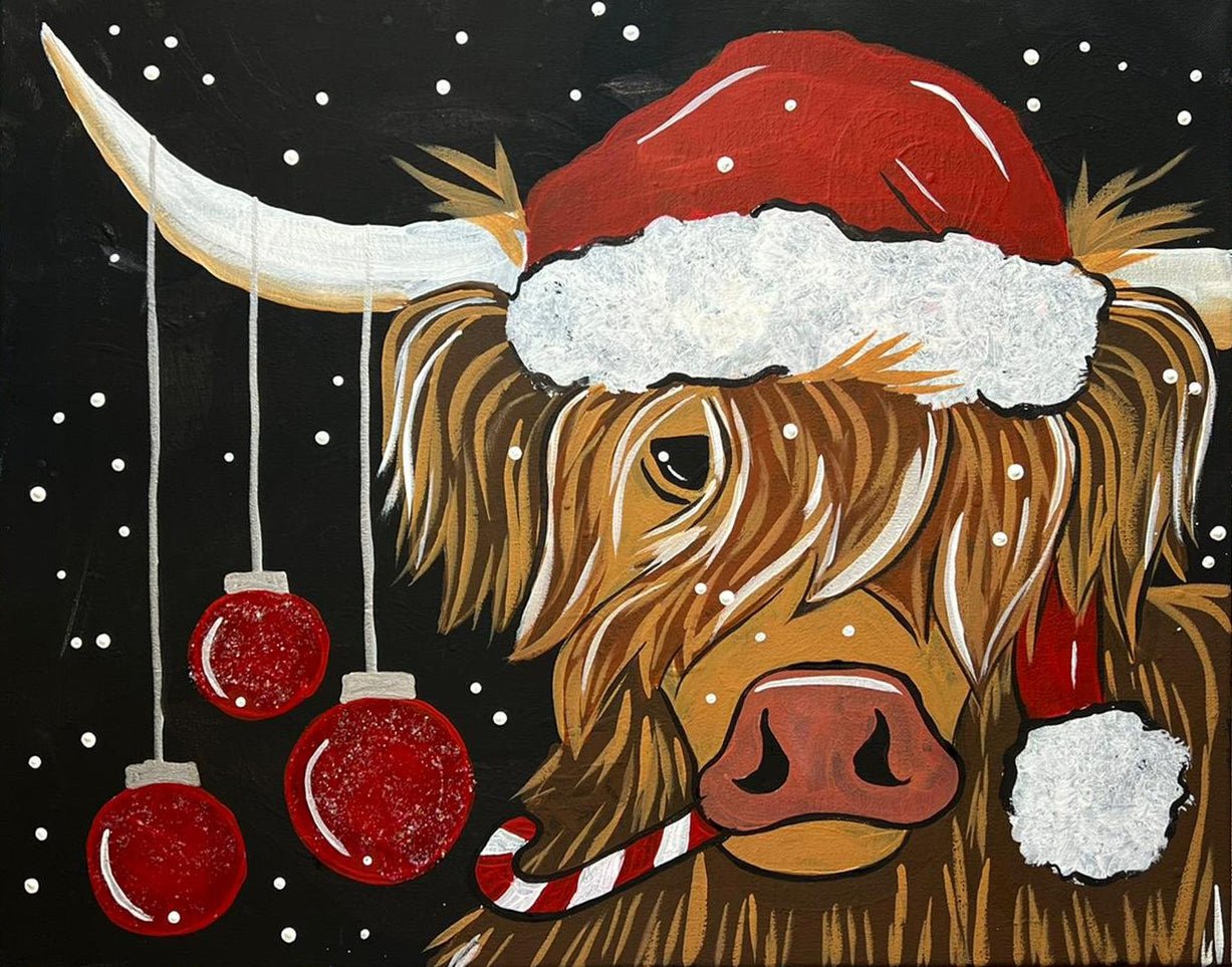 Festive Highland Cow Painting: Christmas Santa Hat, Ornaments, and Candy Cane. Paint Night at G.O.A.T November 24th