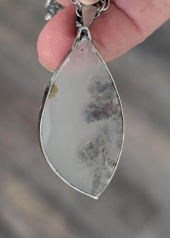 Moss Agate Pendant: Natural Stone in Titanium Setting. Unique gemstone jewelry, handcrafted titanium pendant.