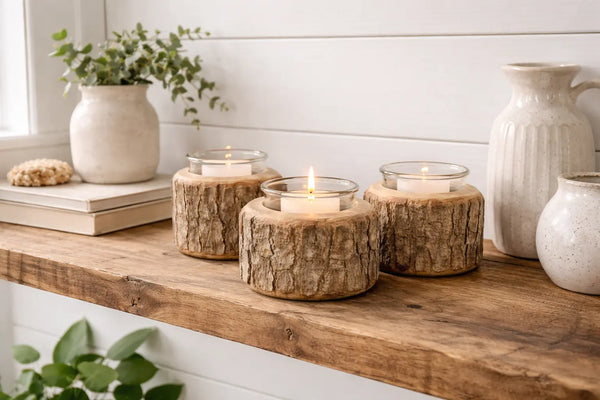 Handcrafted Chinese Tallow Wood Candle Holders – Rustic Set of Three with Glass and Pillar Candles, Handmade in Mississippi