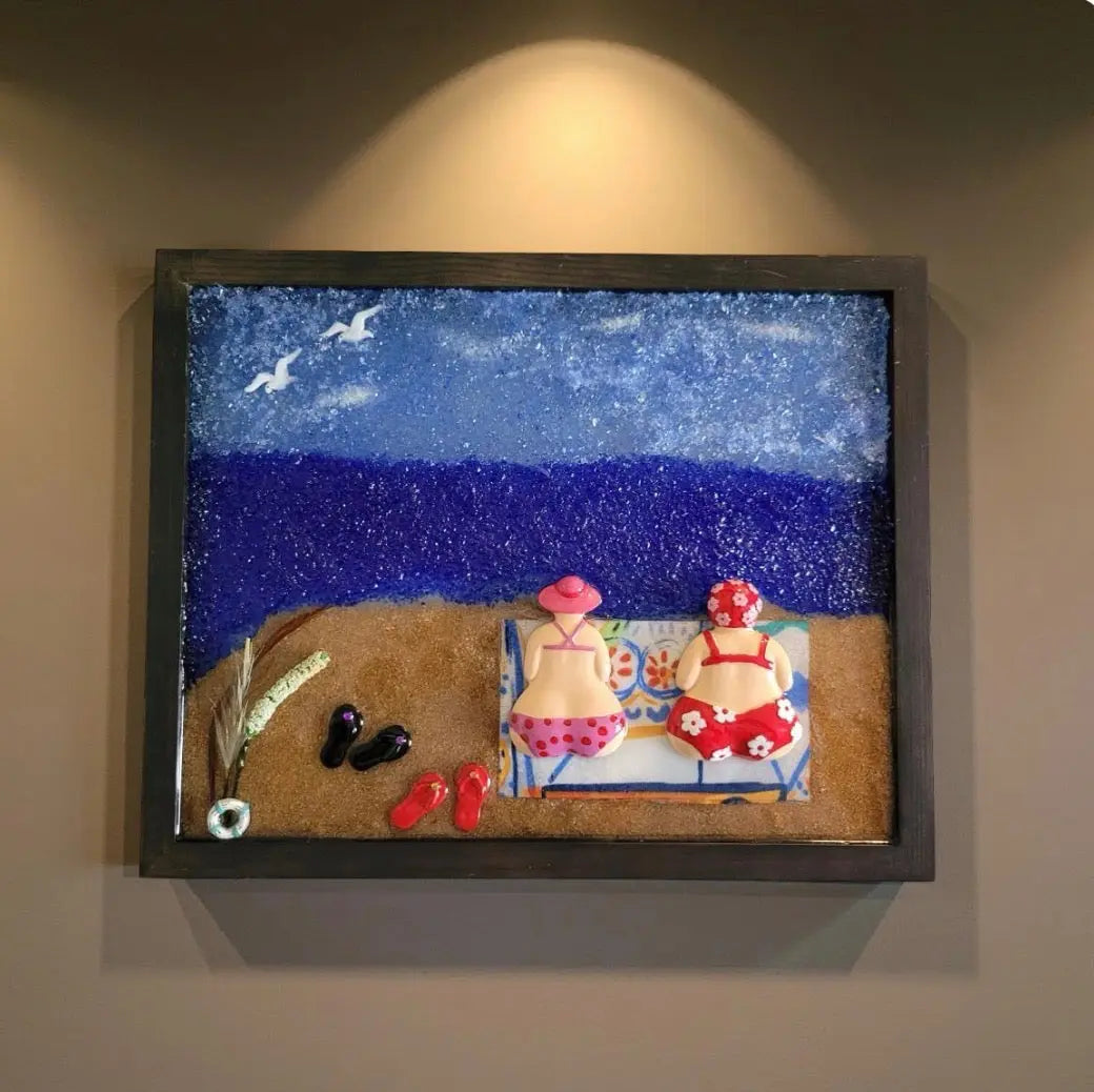 Handcrafted Glass Resin Beach Scene Wall Art- "Beach Day Bliss"    12" x 13"