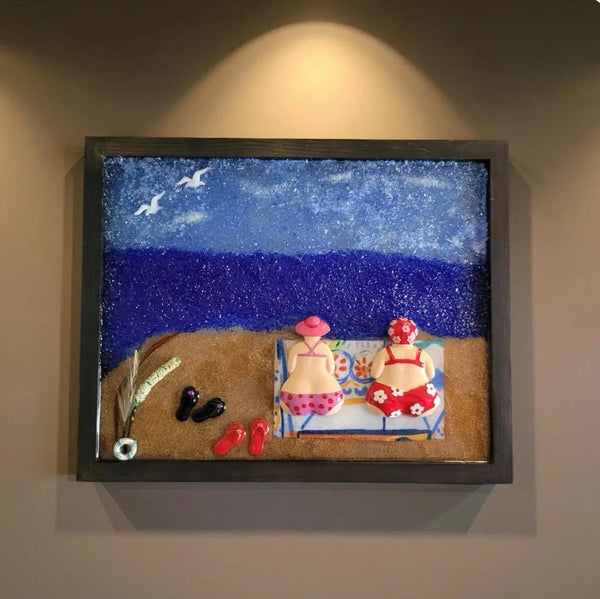 Handcrafted Glass Resin Beach Scene Wall Art- "Beach Day Bliss"    12" x 13"
