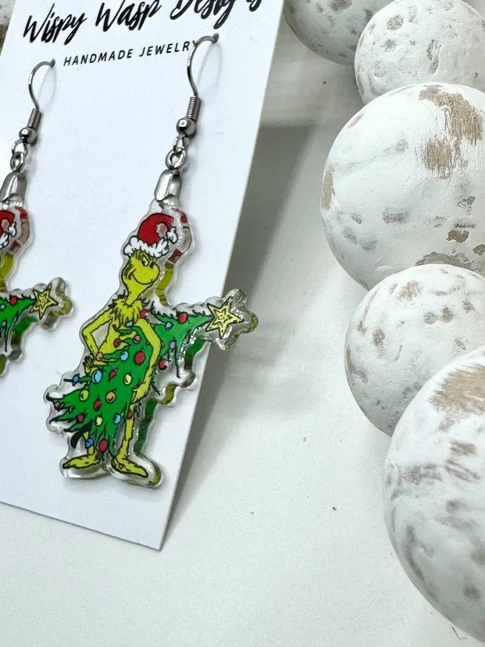 Grinch Christmas Earrings Handmade by Wispy Wasp | Funny Holiday Jewelry for Women
