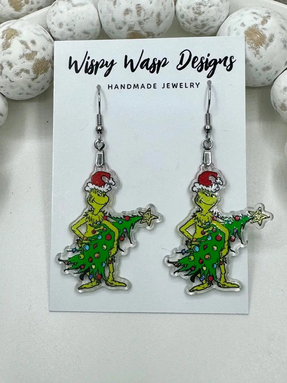 Grinch Christmas Earrings - Handmade Holiday Jewelry by Wispy Wasp Designs