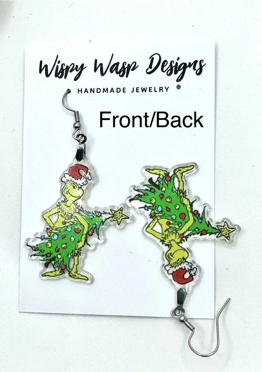 Grinch Christmas Earrings: Handmade Mean Green Tree Jewelry by Wispy Wasp Designs