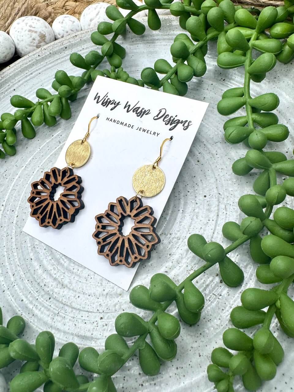 Wispy Wasp \"Amos\" Earrings: Handmade Walnut Wood & Gold Hypoallergenic Earrings.