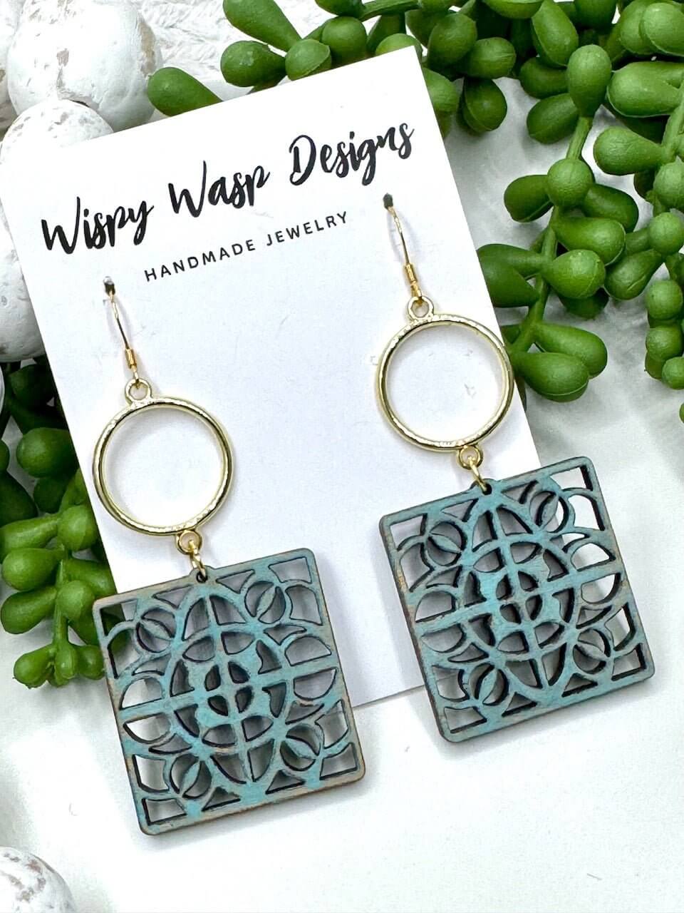 Wispy Wasp Designs: Handmade Wood Dangle Earrings - Rustic Gold Plated Square Boho Jewelry