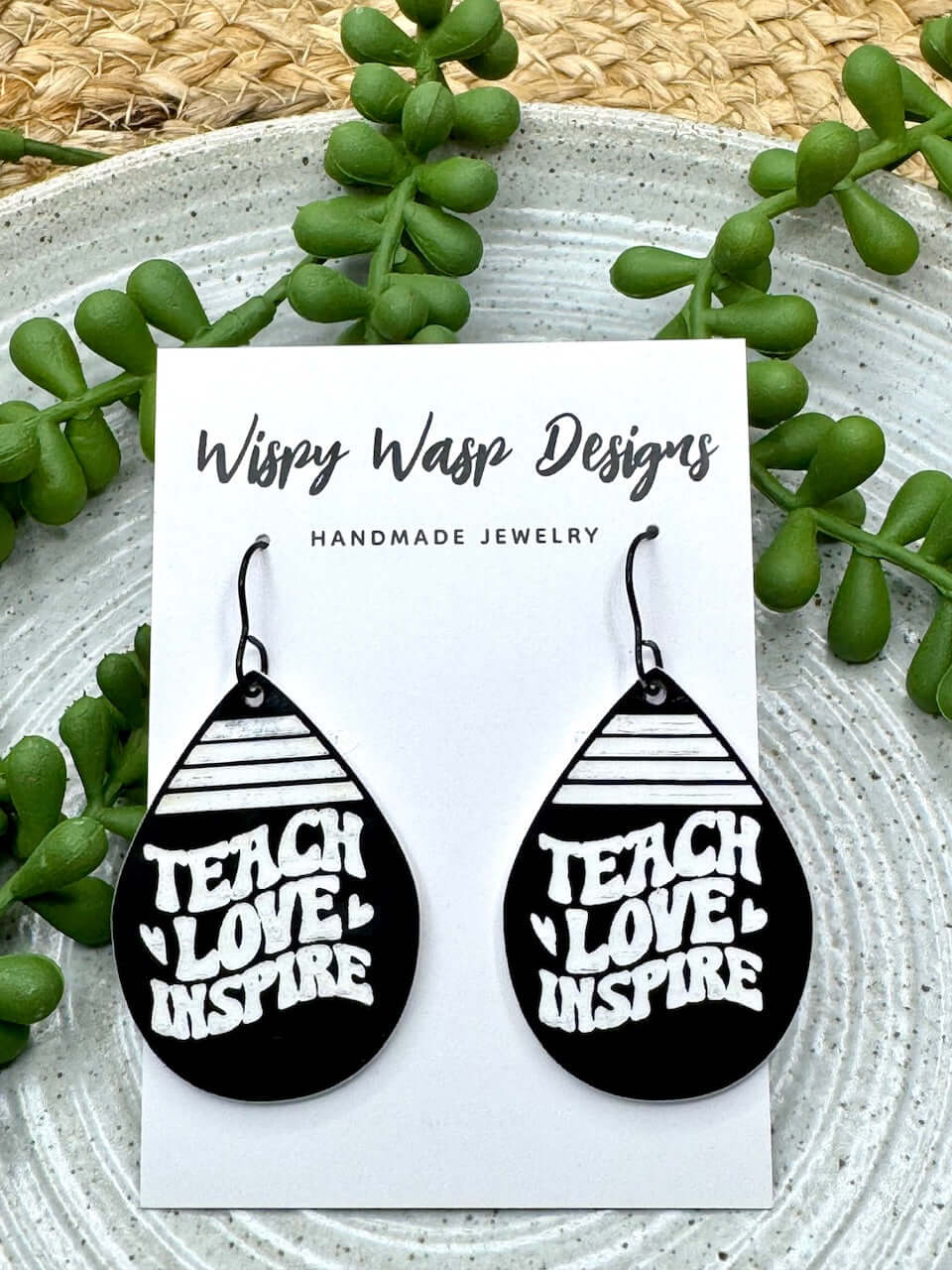 Teacher Earrings Handmade Jewelry - Teach Love Inspire Acrylic Earrings by Wispy Wasp Designs. Perfect Teacher Gift!