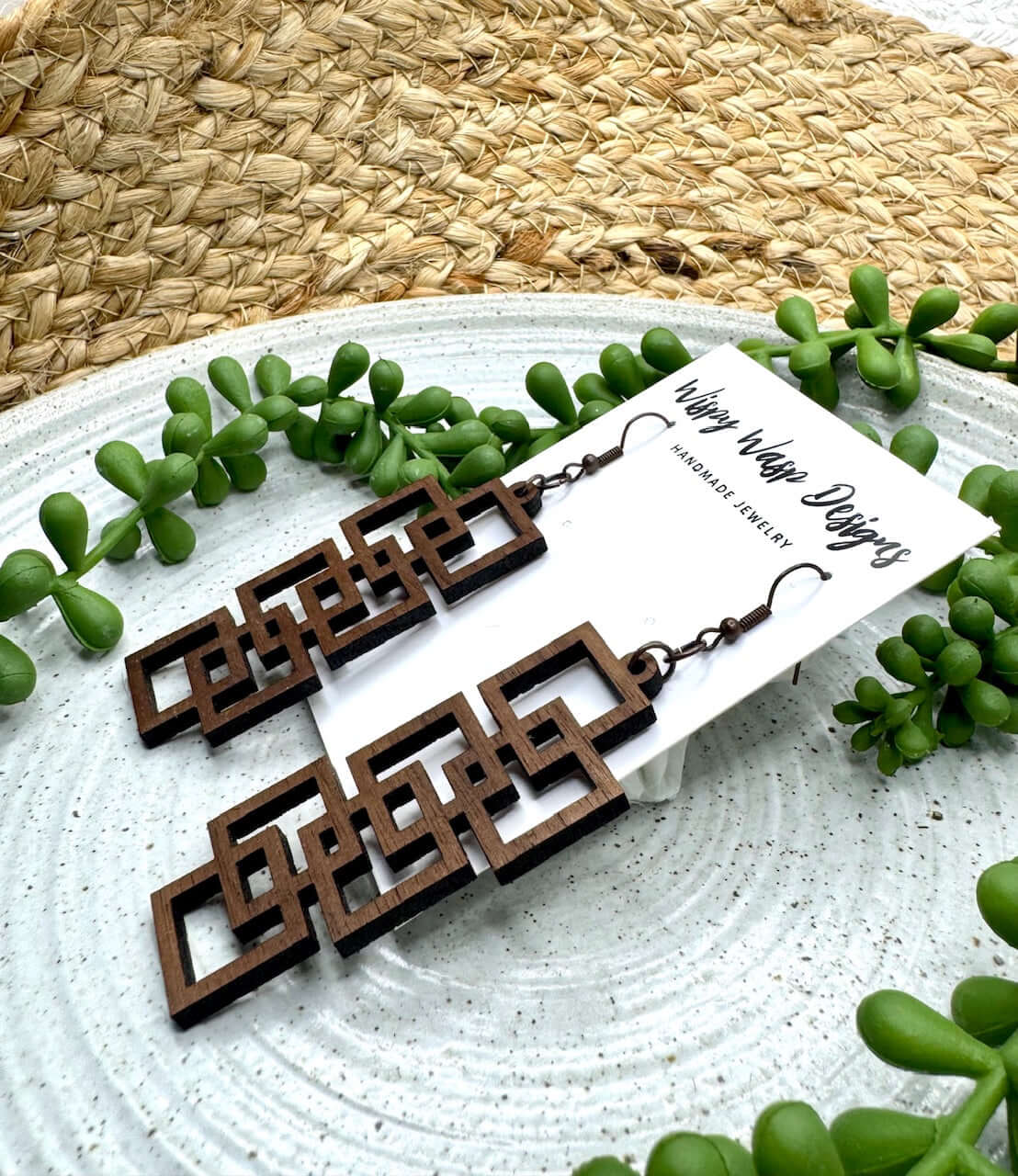 Handmade Walnut Square Earrings | Geometric Wood Jewelry | Wispy Wasp Designs