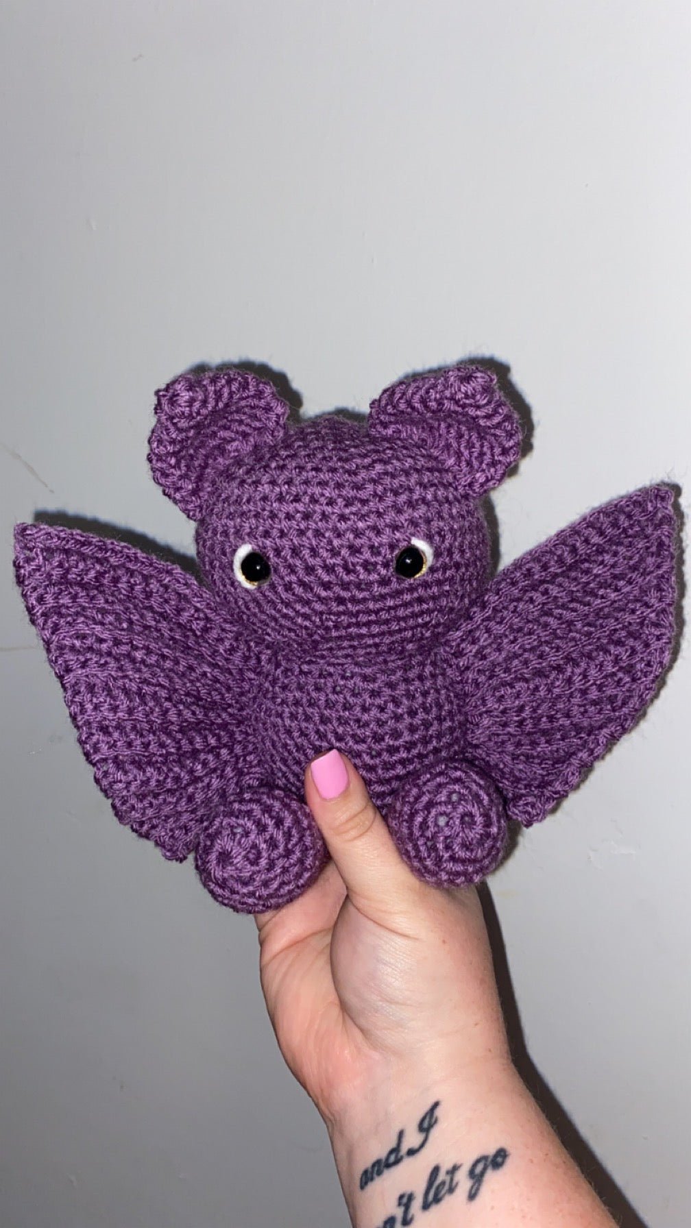 Handmade crochet Bailey the Bat plush - cozy amigurumi toy by Klassy Krafts.