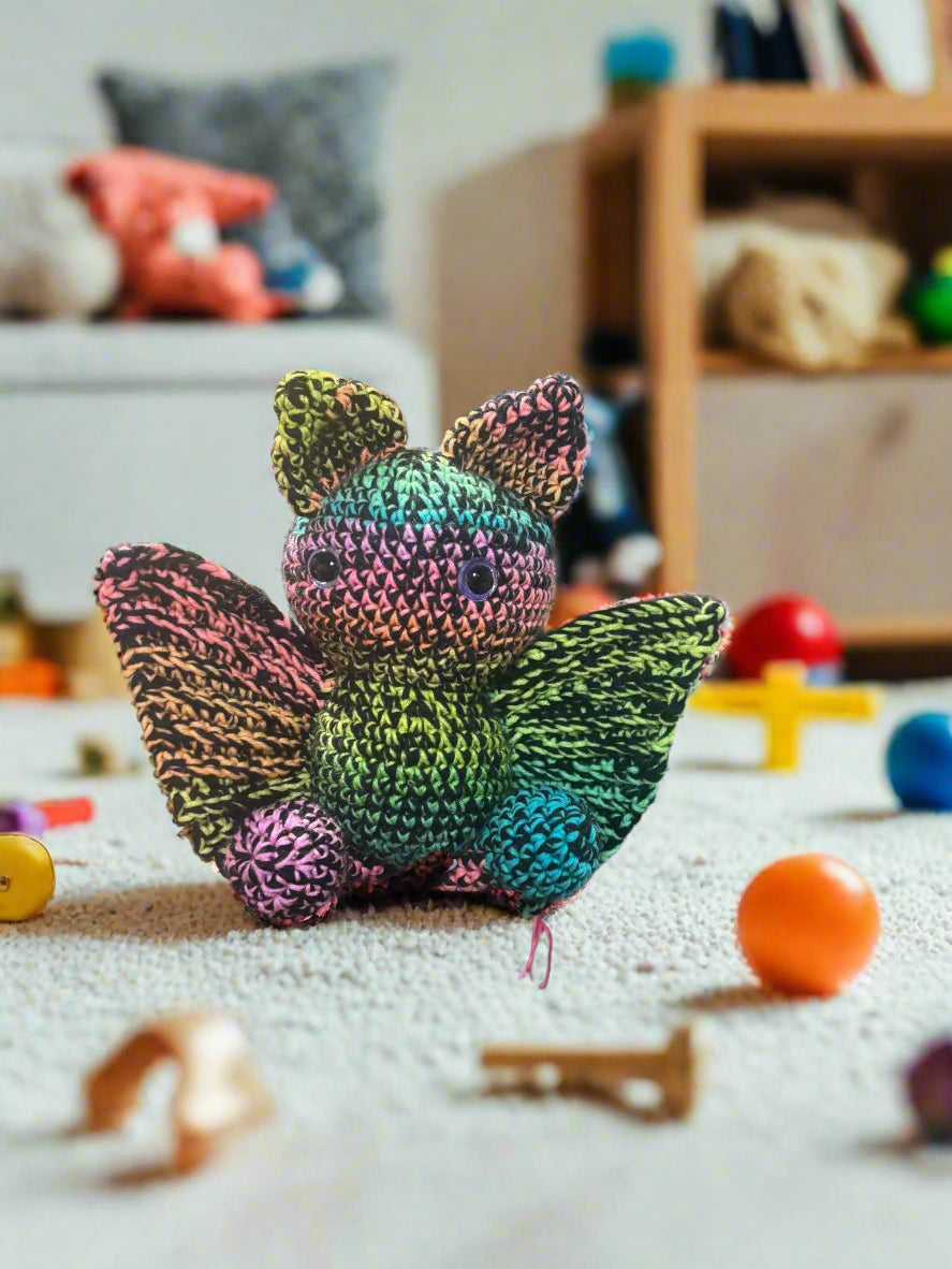 Handmade crochet Neo the Bat plush - quirky amigurumi toy by Klassy Krafts.