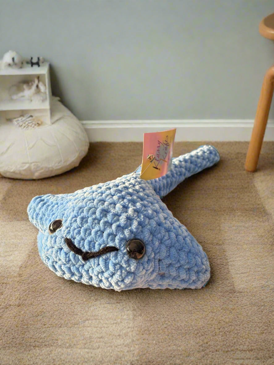 Handmade crochet Stephen the Stingray plush - playful amigurumi toy.