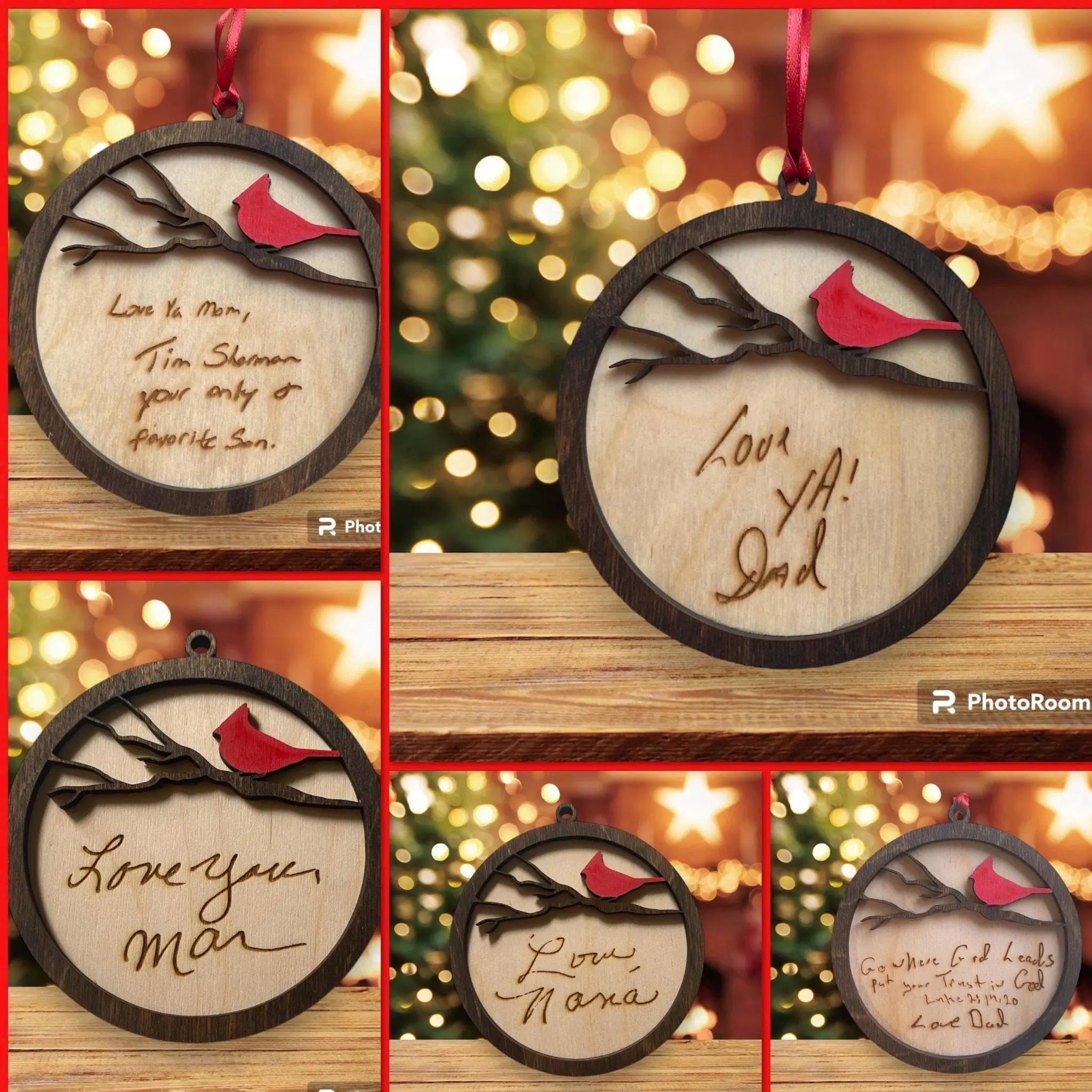 Handwriting Keepsake Cardinal Ornament - Custom Wood Ornament with Personalized Message