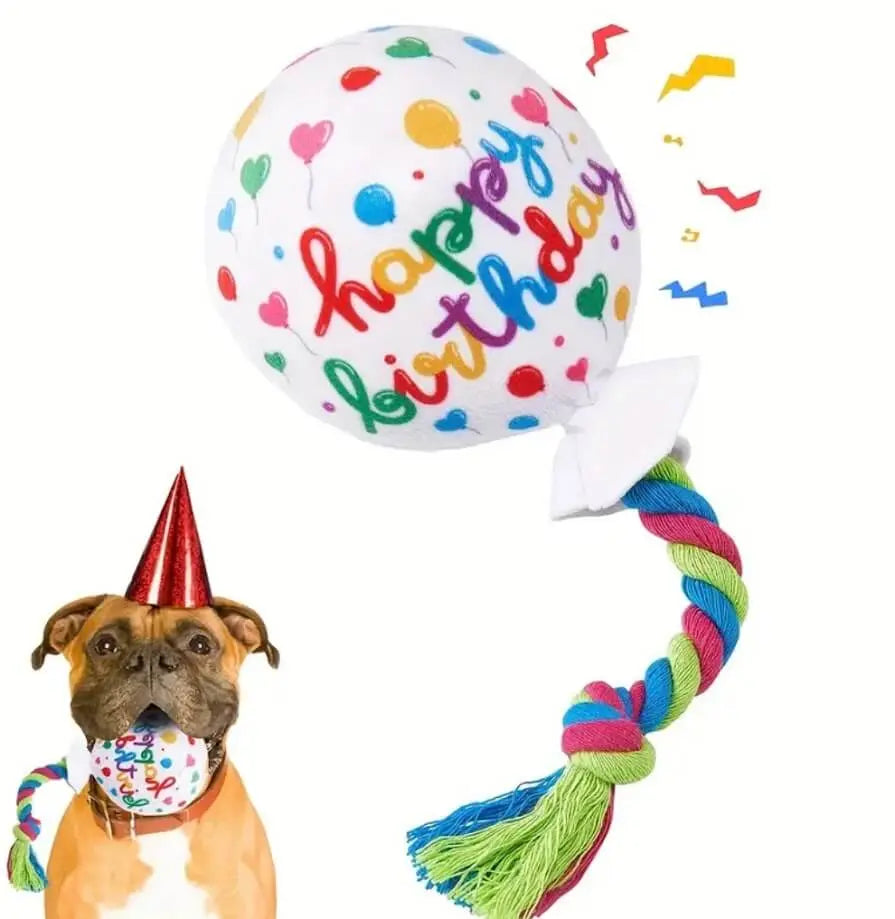 Dog Birthday Toy: Squeaky Plush Balloon & Rope for Puppy Party!
