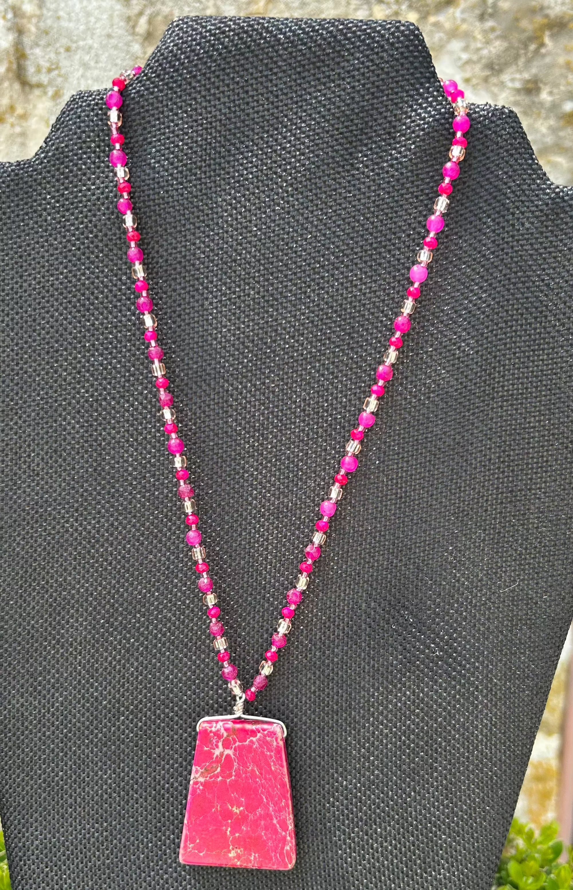 Hot Pink Imperial Jasper Necklace with Crystal Accents - Handmade Statement Piece