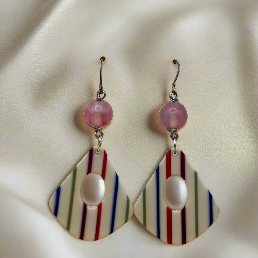 Handmade hot pink quartz and colorful acetate earrings from Mushroom Lady Co.