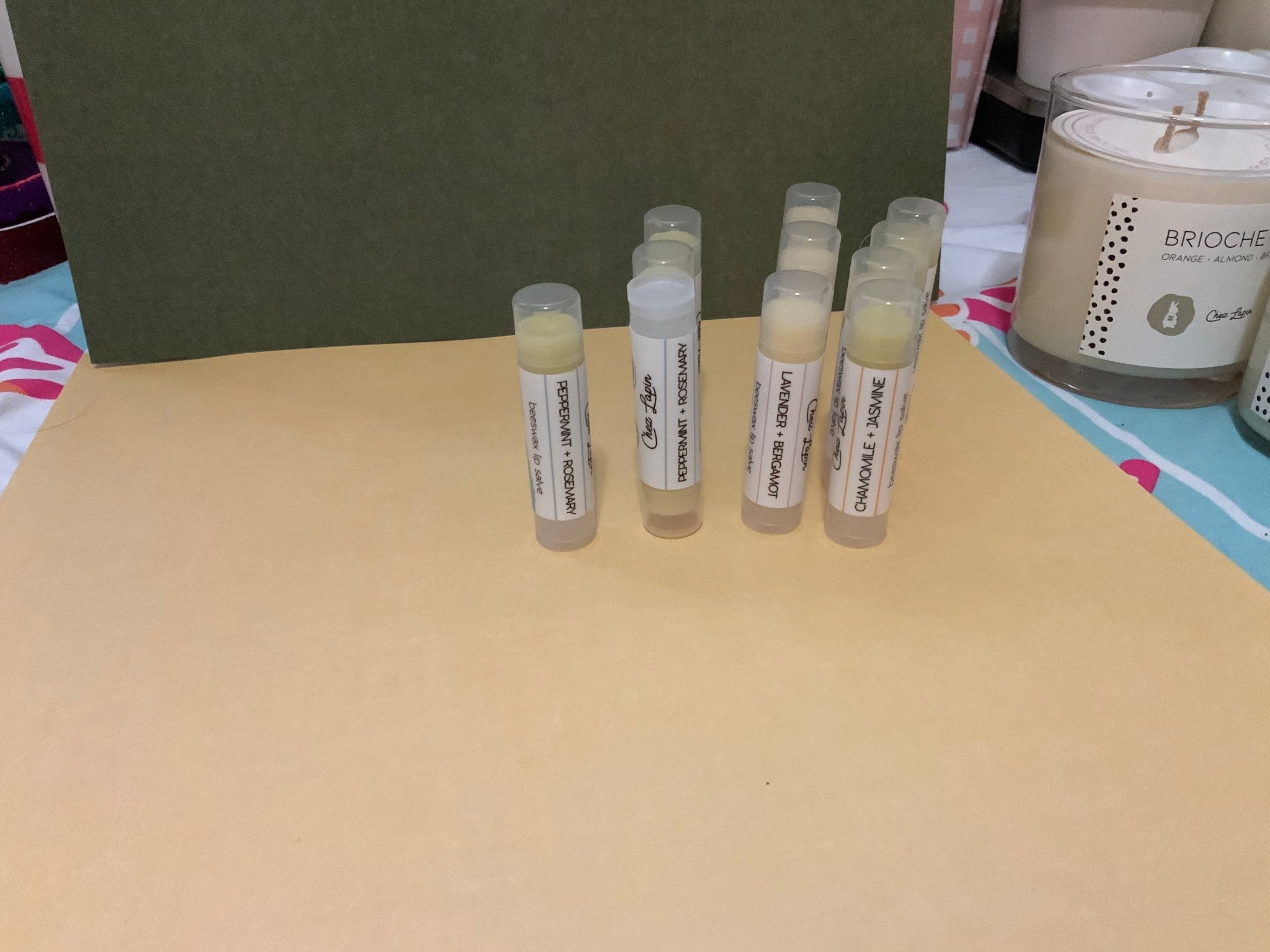 Chez Lapin Lip Balm Set: Natural Beeswax Lip Salve in Peppermint Rosemary, Lavender Bergamot, Chamomile Jasmine. Main Street Collective