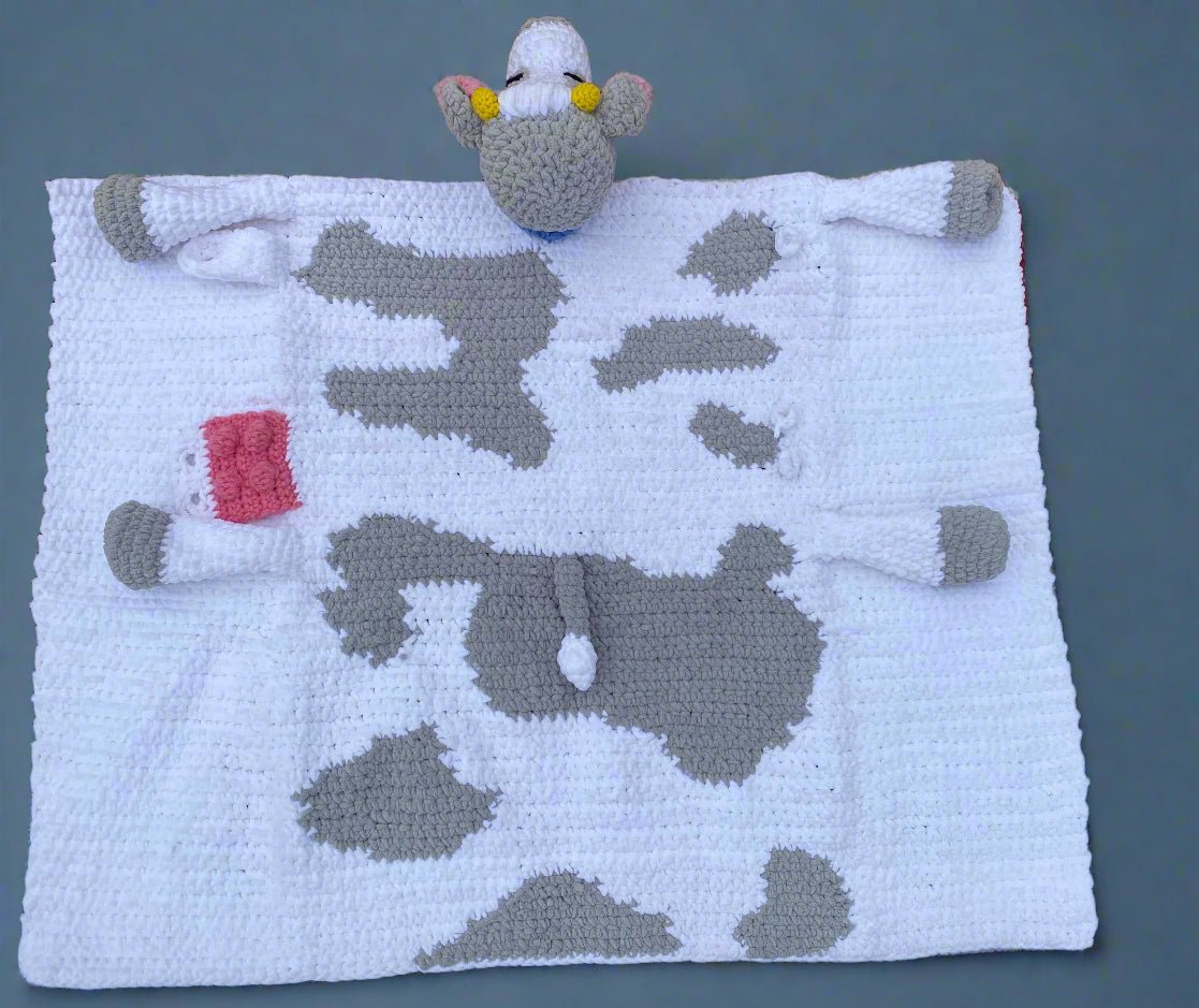 Crochet Cow Blanket, Handmade Baby Toddler Blanket with Amigurumi Toy. Soft, Chunky Chenille, White & Gray Blanket for Children.