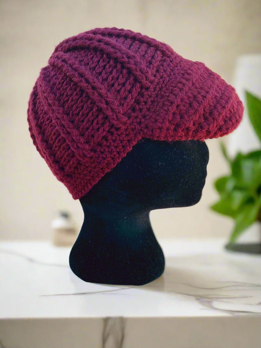 Burgundy Handmade Crochet Hat on Mannequin - Cozy Winter Beanie, Warm Crochet Cap, Stylish Headwear