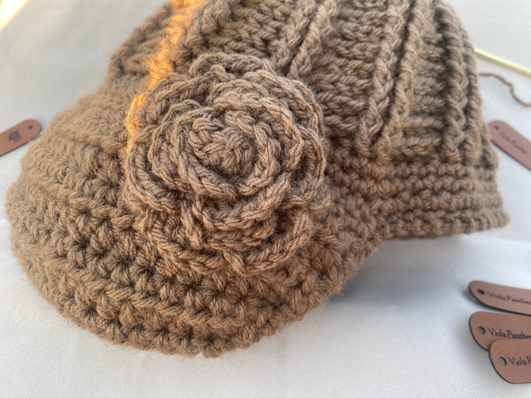 Handmade Crochet City Girl Flower Hat - Main Street Collective. Soft acrylic winter chemo hat. One size.