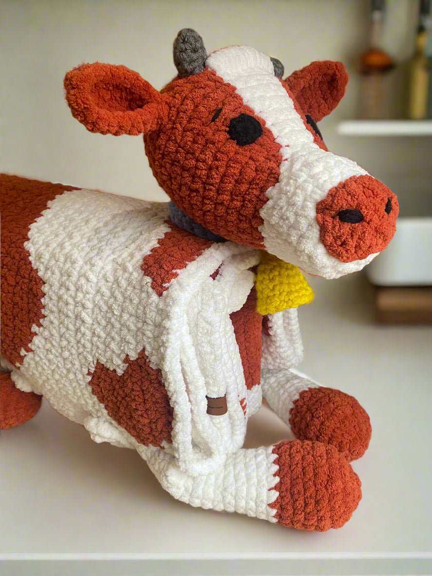 Handmade Crochet Cow Blanket: Plush Stuffed Animal, Cuddly Blanket for Babies and Kids