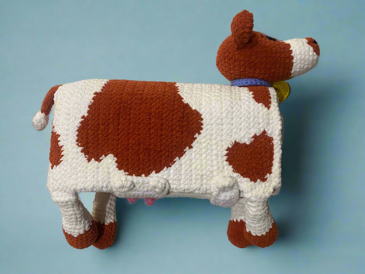 Handmade crochet cow blanket: baby-safe chenille yarn, brown and white spots, 3D plush toy features. Warm, cozy for babies and kids!