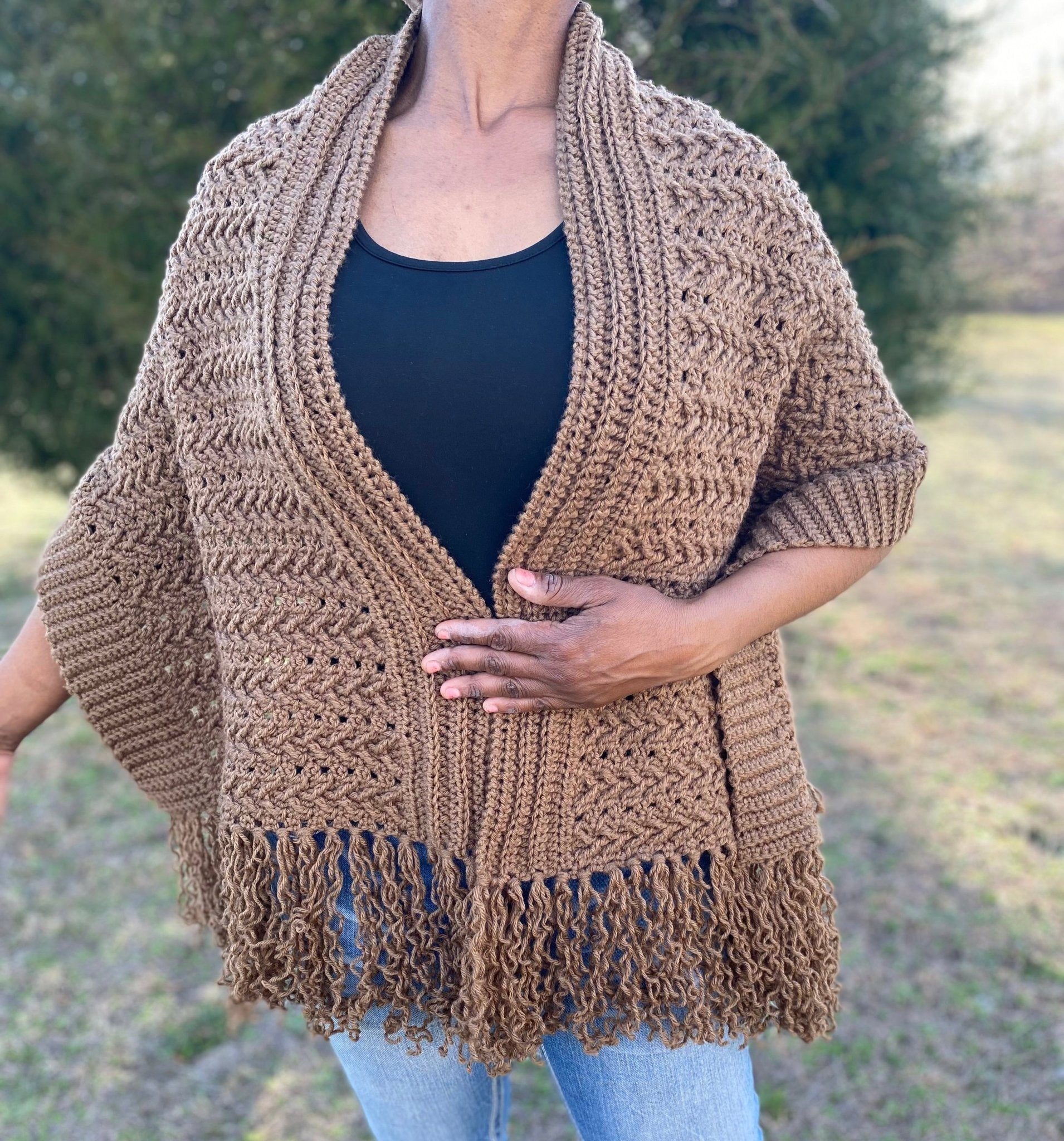 Handmade Crochet Fringe Shawl - Brown Acrylic Knit Wrap for Spring & Fall by Main Street Collective