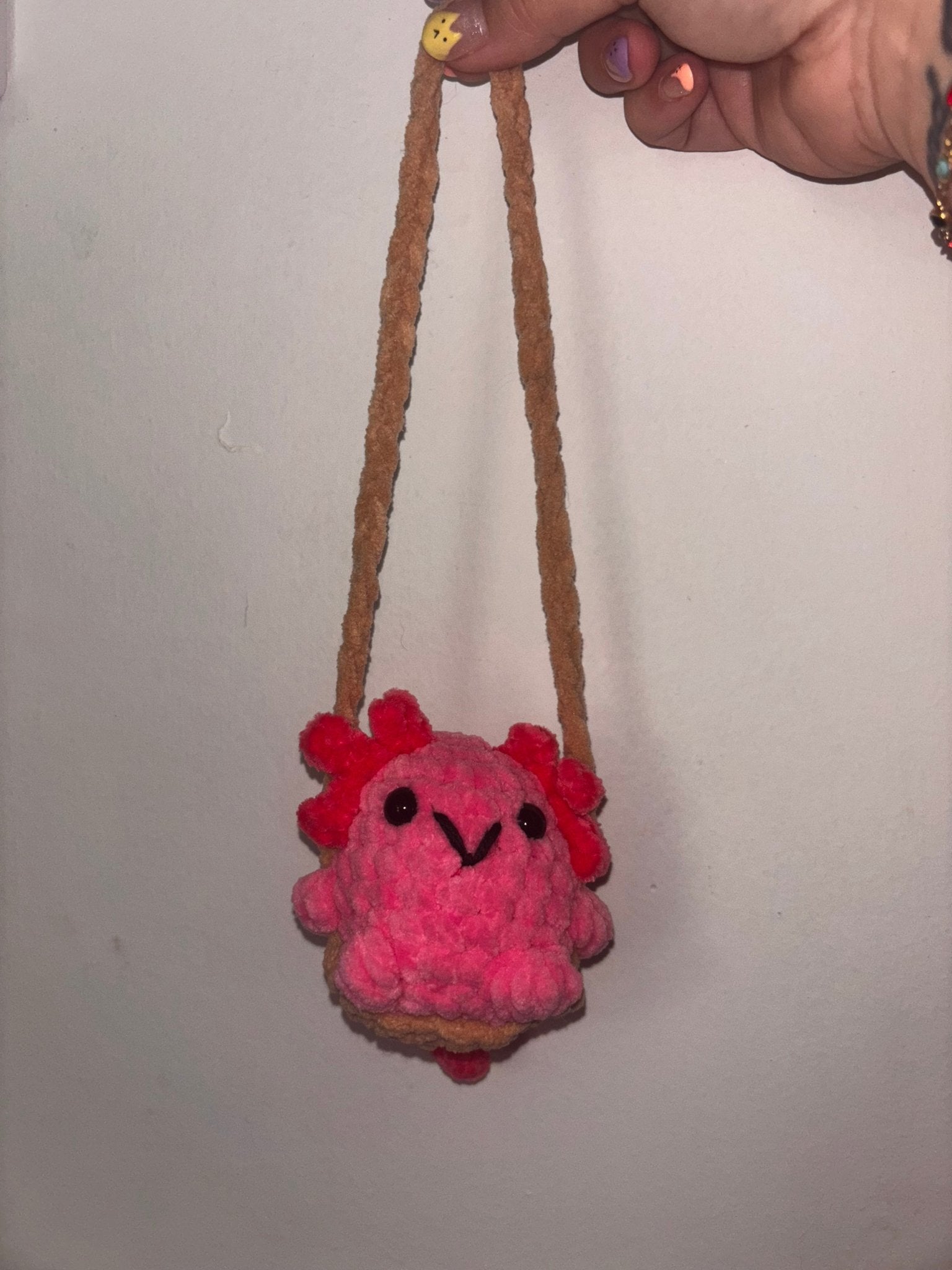 Crocheted Axolotl Car Swing: Pink Handmade Charm for Rearview Mirror - Cute Car Accessory by Main Street Collective.