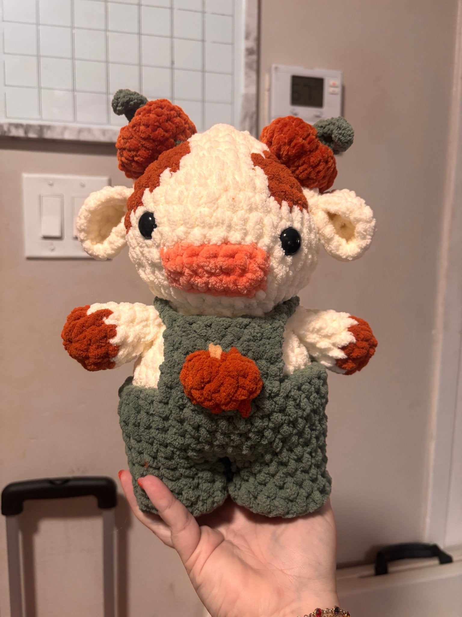 Adorable Crochet Cow: Fall Pumpkin Callie in Overalls - Handmade Toy