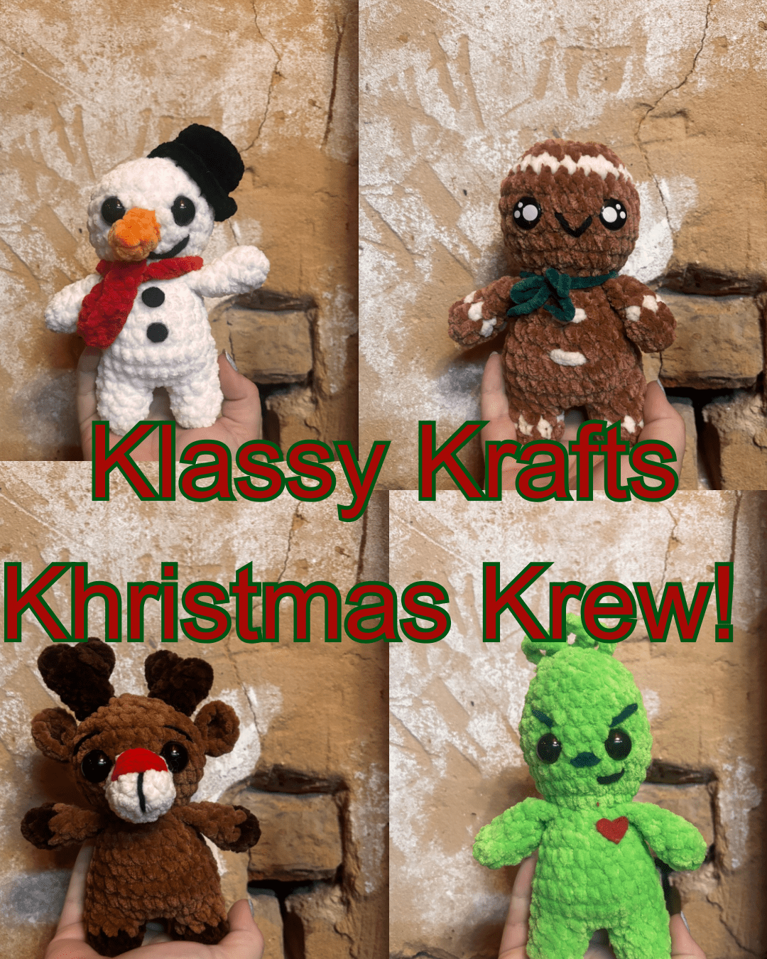 Crocheted Christmas Set Featuring: Gingerbread man, Reindeer, Mr. Snowman, and Grinch