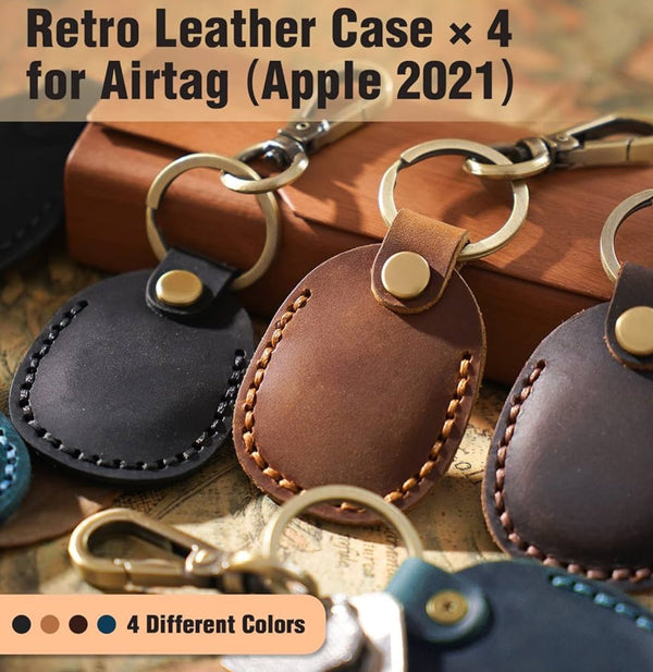 Retro Leather AirTag Case Set: Stylish keychain holders for Apple trackers, durable & protective. Available in 4 colors!