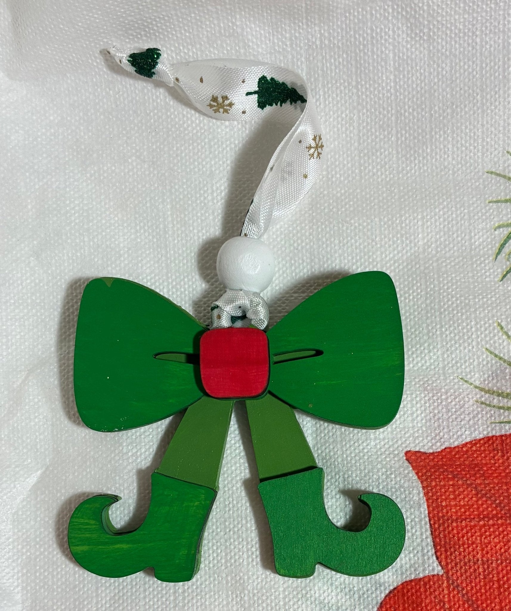 Hand-painted Wooden Elf Christmas Ornament: Festive Bow and Elf Feet Decoration