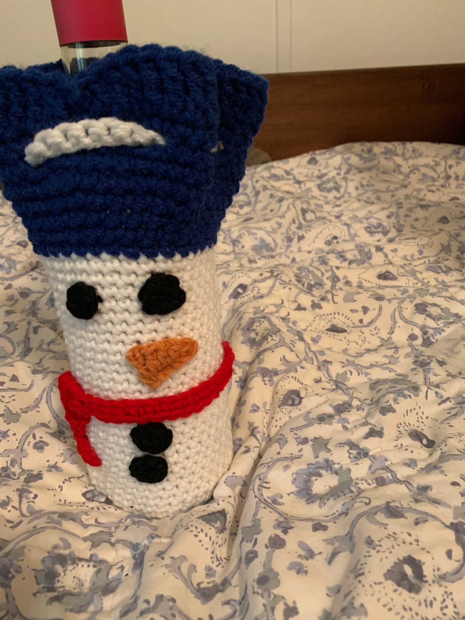 Crochet Snowman Wine Bottle Cover - Festive Christmas Gift, Handmade Decoration
