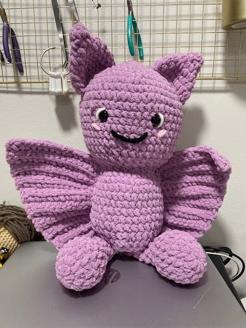 Purple Crochet Bat Plush Toy - Handmade Stuffed Animal with Cute Smile and Big Wings