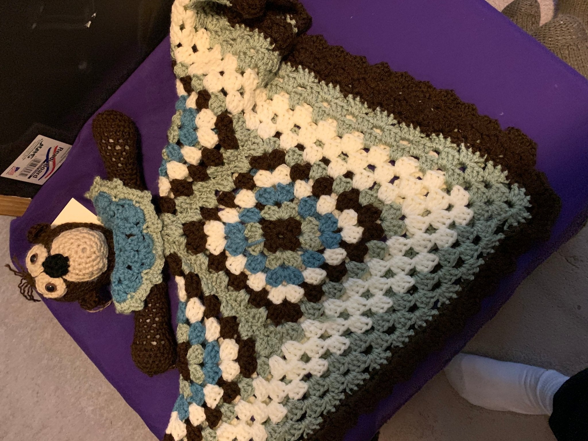 Handmade Granny Square Monkey Blanket - Brown, Blue, Cream & Green Crochet Yarn - Main Street Collective