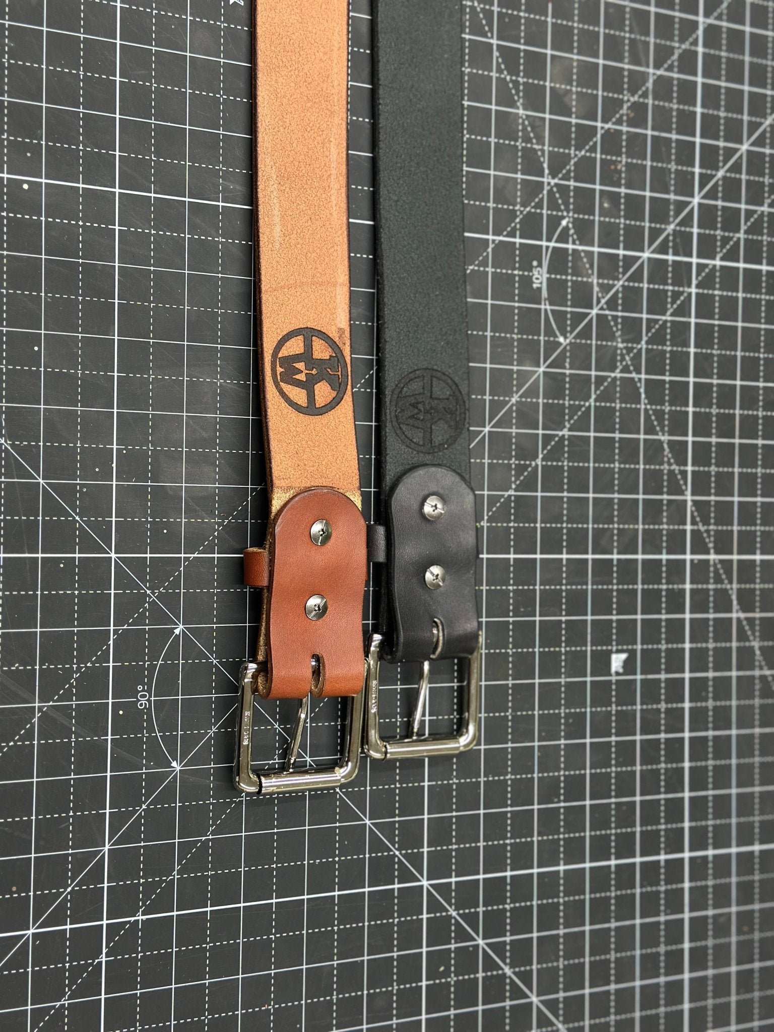 Two Custom Leather Belts: Brown & Black Full Grain Belts with Embossed Logo, Heavy Duty Buckles. Handmade by Main Street Collective.