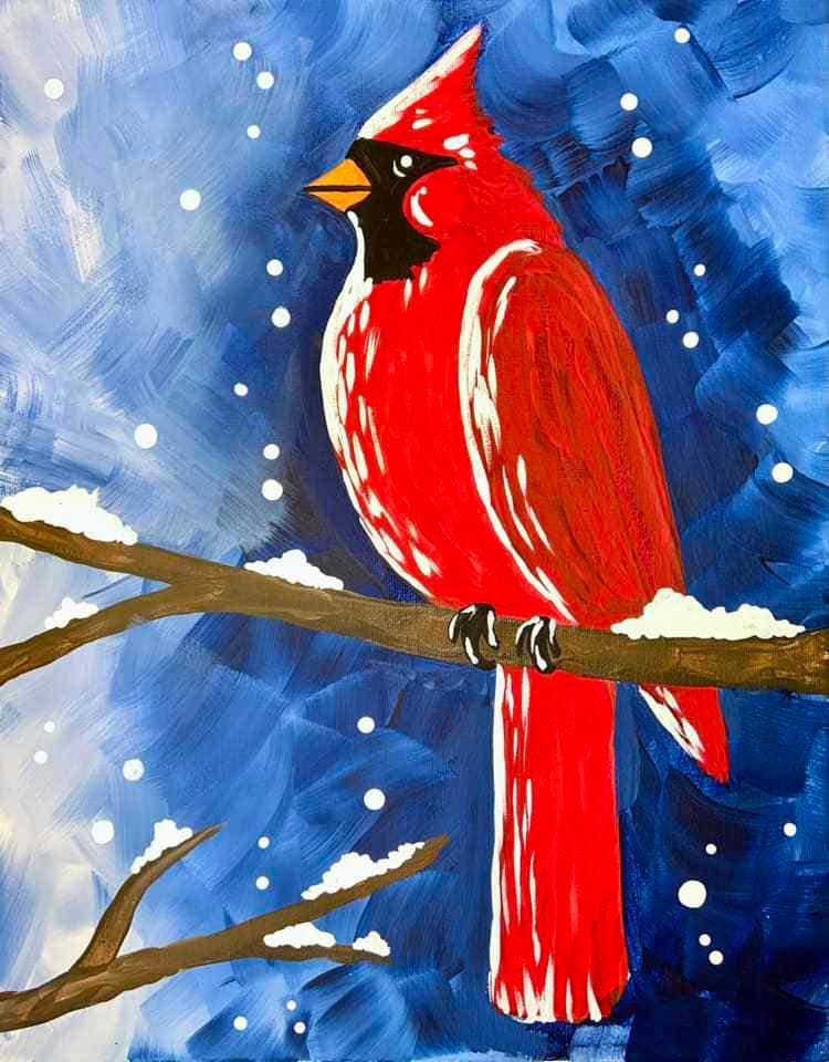 Cardinal Painting: Winter Bird on Snow-Covered Branch Canvas Art