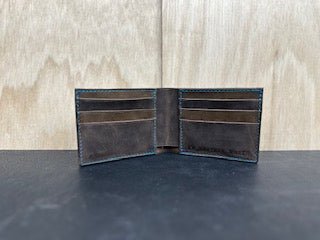Handmade Brown Leather Bi-Fold Wallet with Blue Stitching - Card Slots and Money Pouch