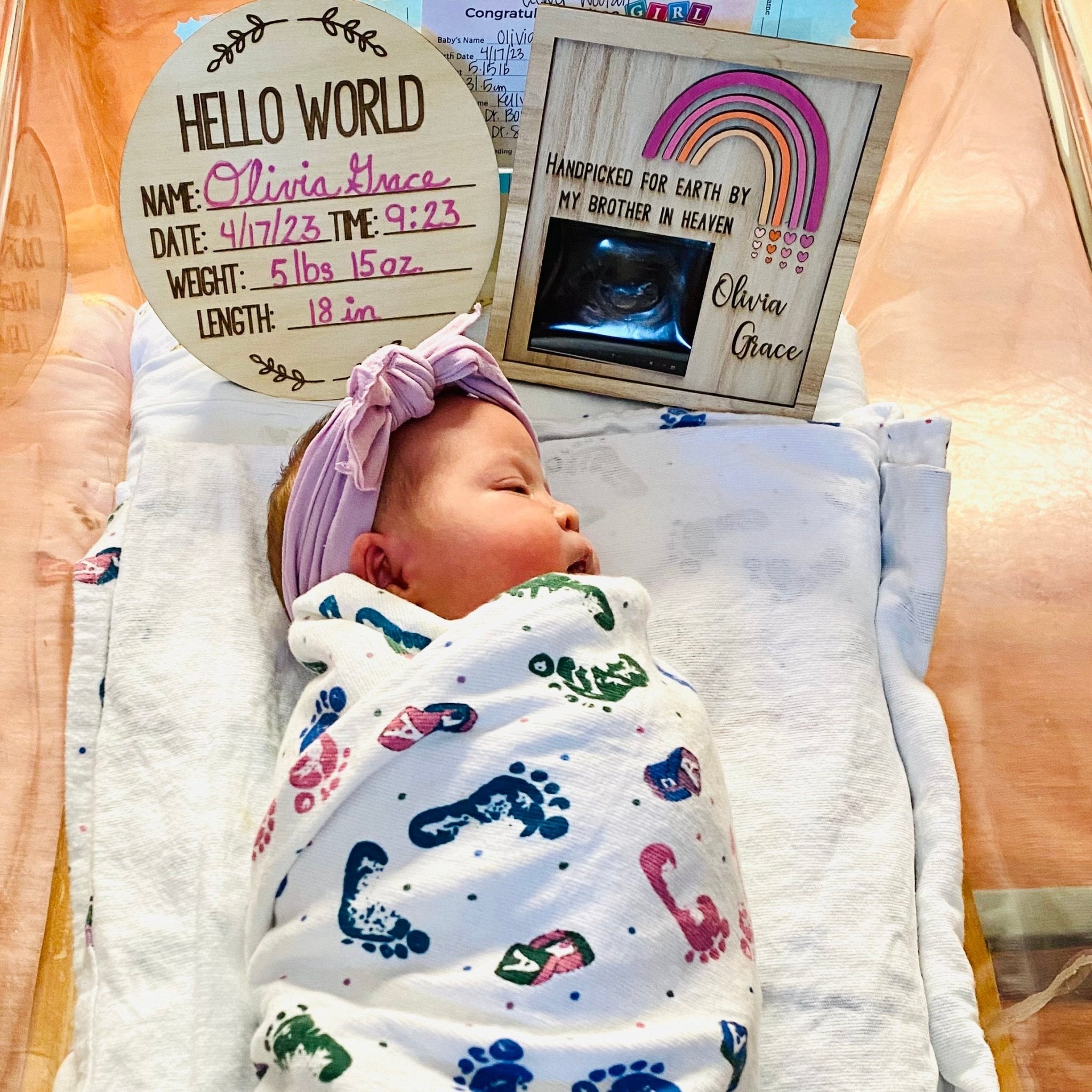 Newborn Olivia Grace with birth announcement & rainbow baby ultrasound frame: Handpicked for Earth by My Brother in Heaven.
