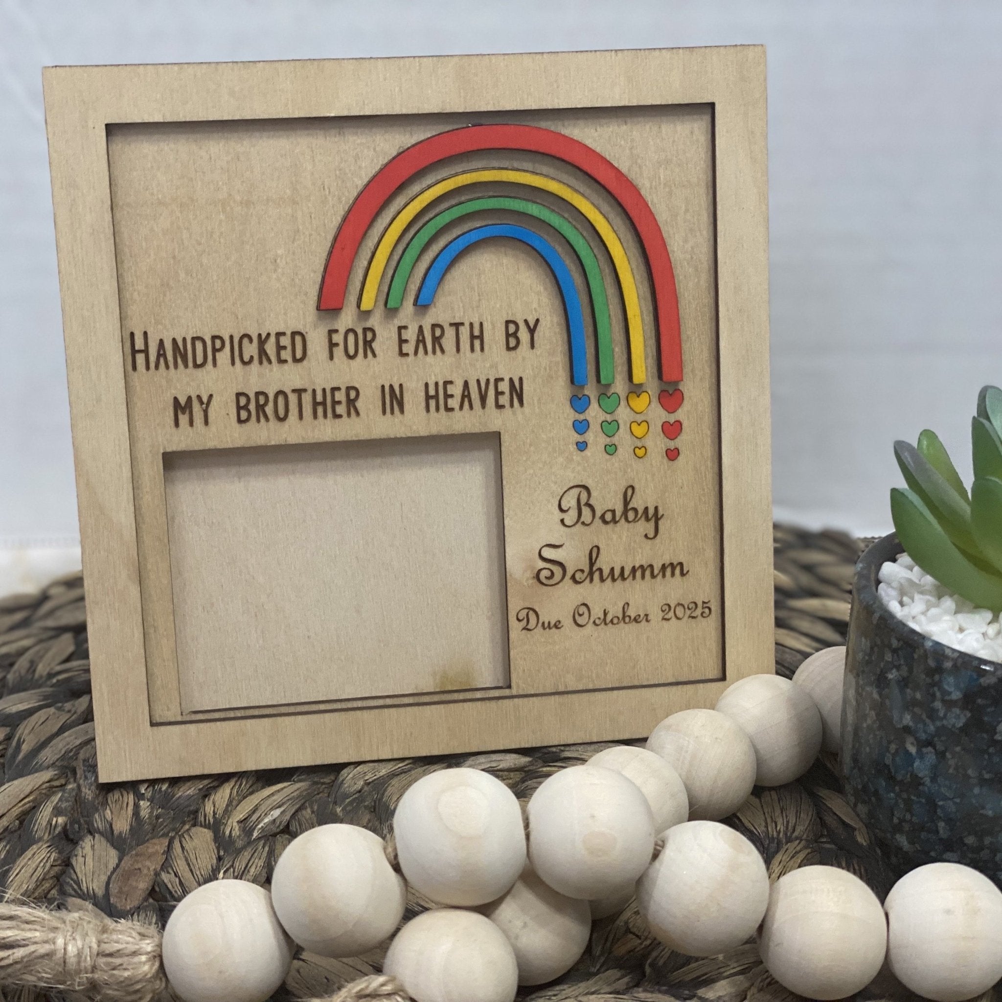 Rainbow Baby Ultrasound Frame: Handpicked for Earth by Sibling in Heaven Memorial. Custom wood keepsake, due October 2025.