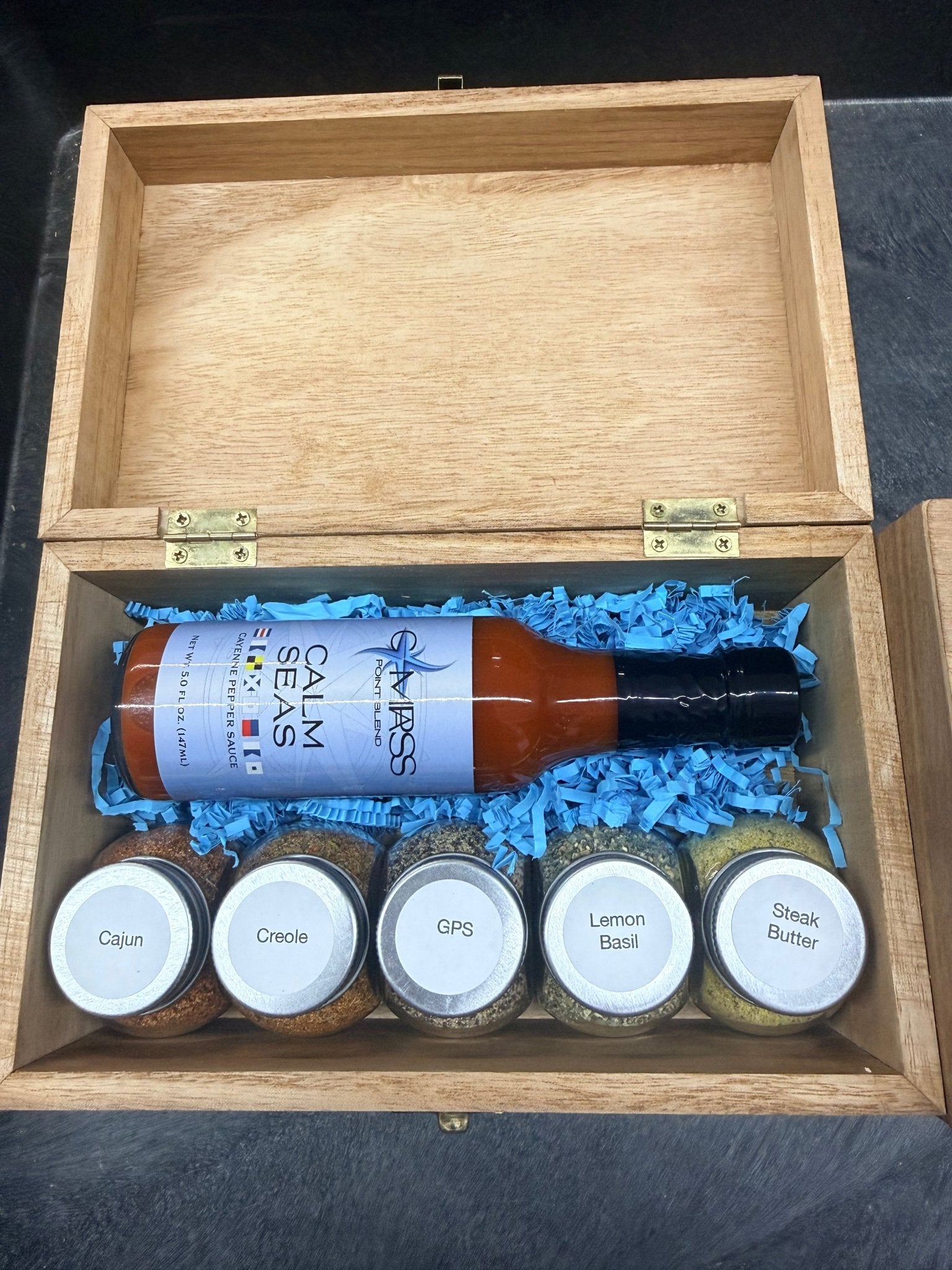 Hot Sauce & Spice Gift Box: Calm Seas Sauce, Cajun, Creole & More. Wooden Box from Main Street Collective!