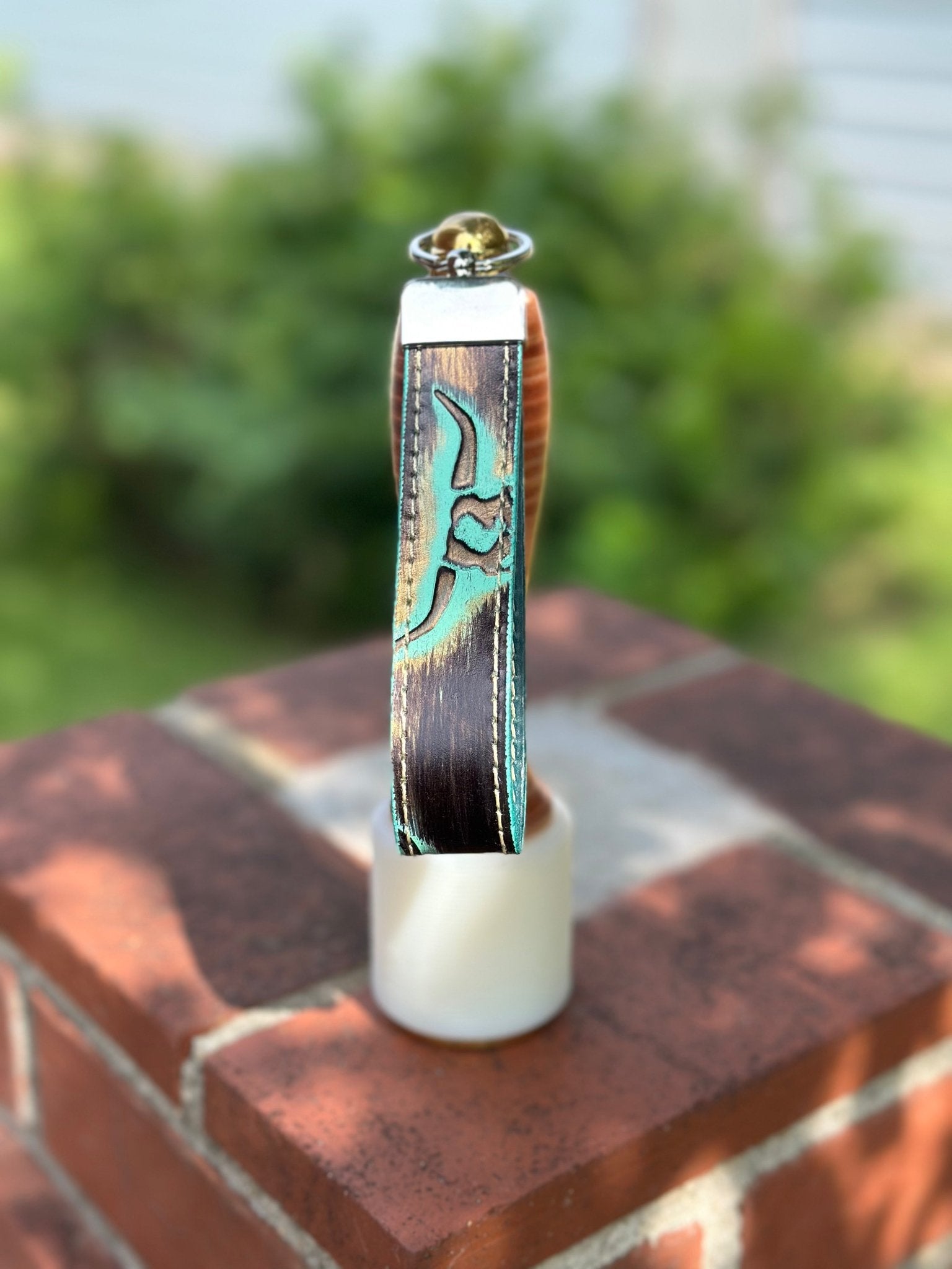 Handmade Leather Keychain with Cow Skull, Turquoise Accent - Main Street Collective