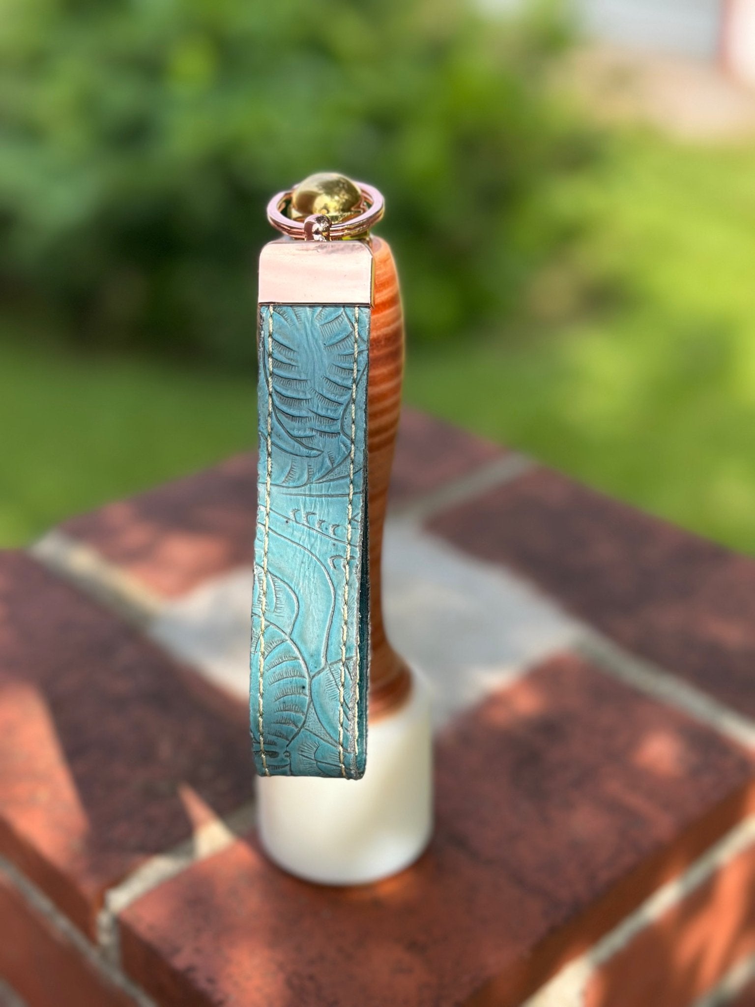 Handmade Leather Keychain - Blue Tooled Design | Main Street Collective