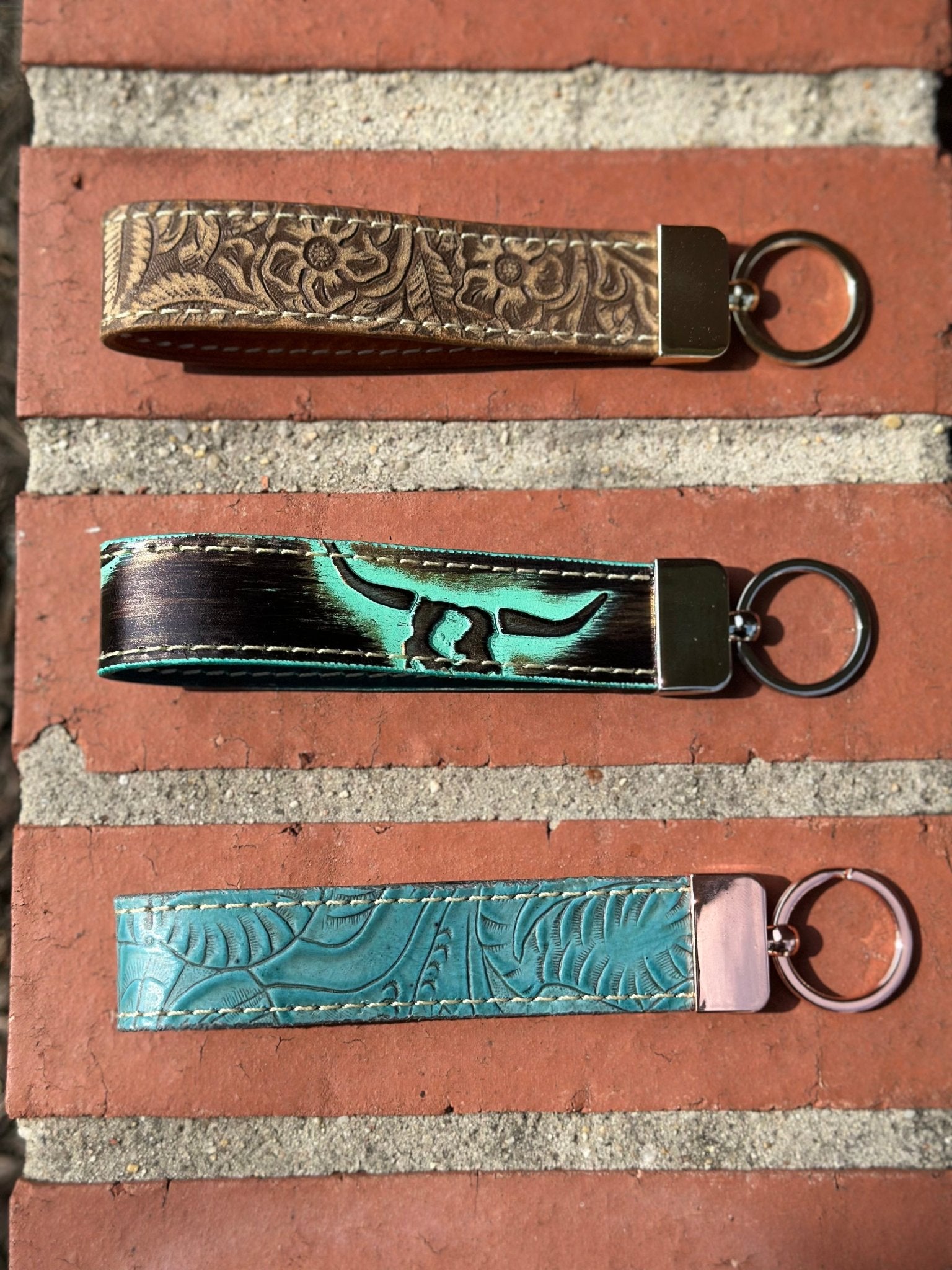 Handmade Leather Keychains: Floral Tooled, Turquoise Steer, Western Style | Main Street Collective