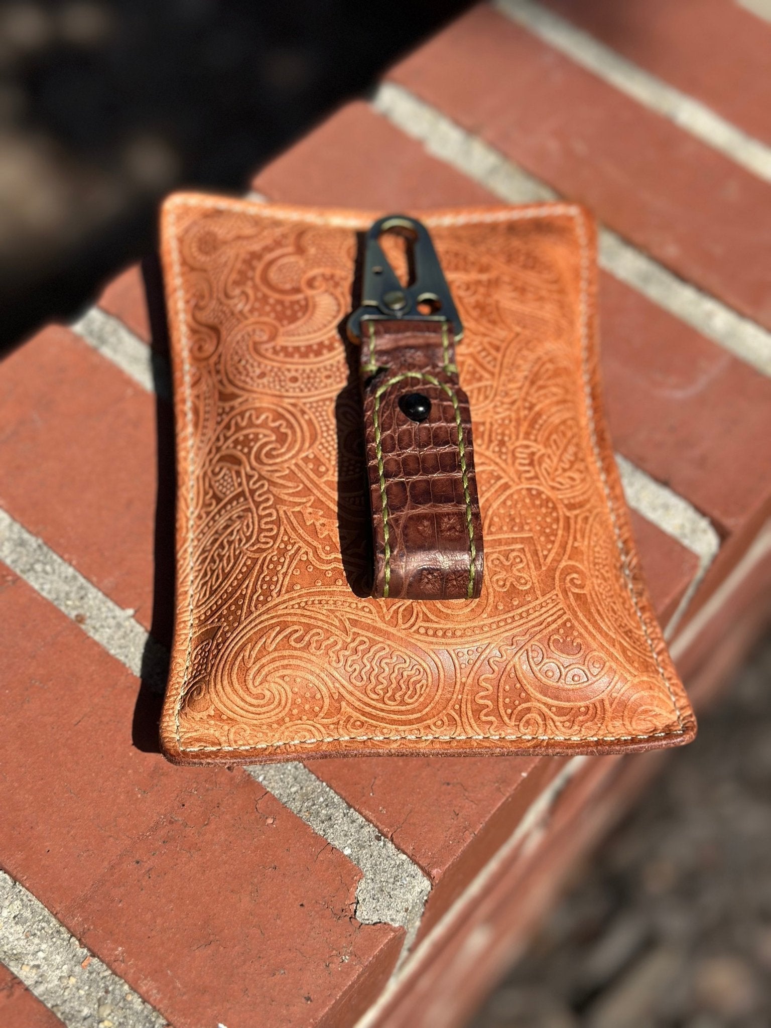Handmade Brown Leather Keychain with Alligator Print & Bronze Carabiner Clip - Durable Key Holder Accessory
